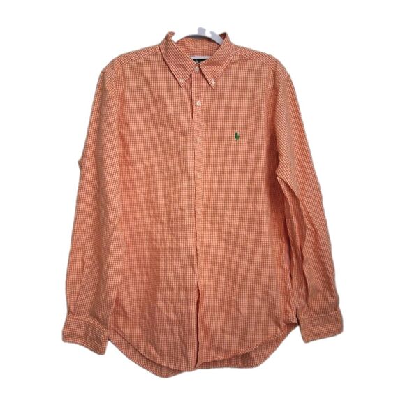 Ralph Lauren Mens Button Down Shirt Large Classic Fit Orange White Gingham - Picture 1 of 8